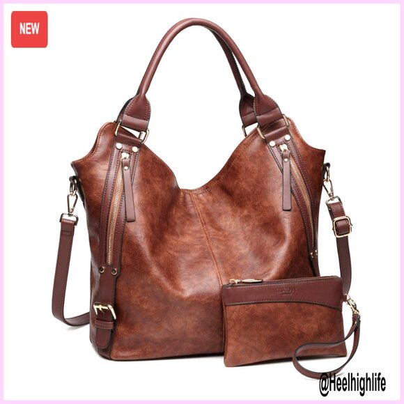 PU Leather Hobo Tote Bag with Adjustable Strap Multi-Pocket Organizer